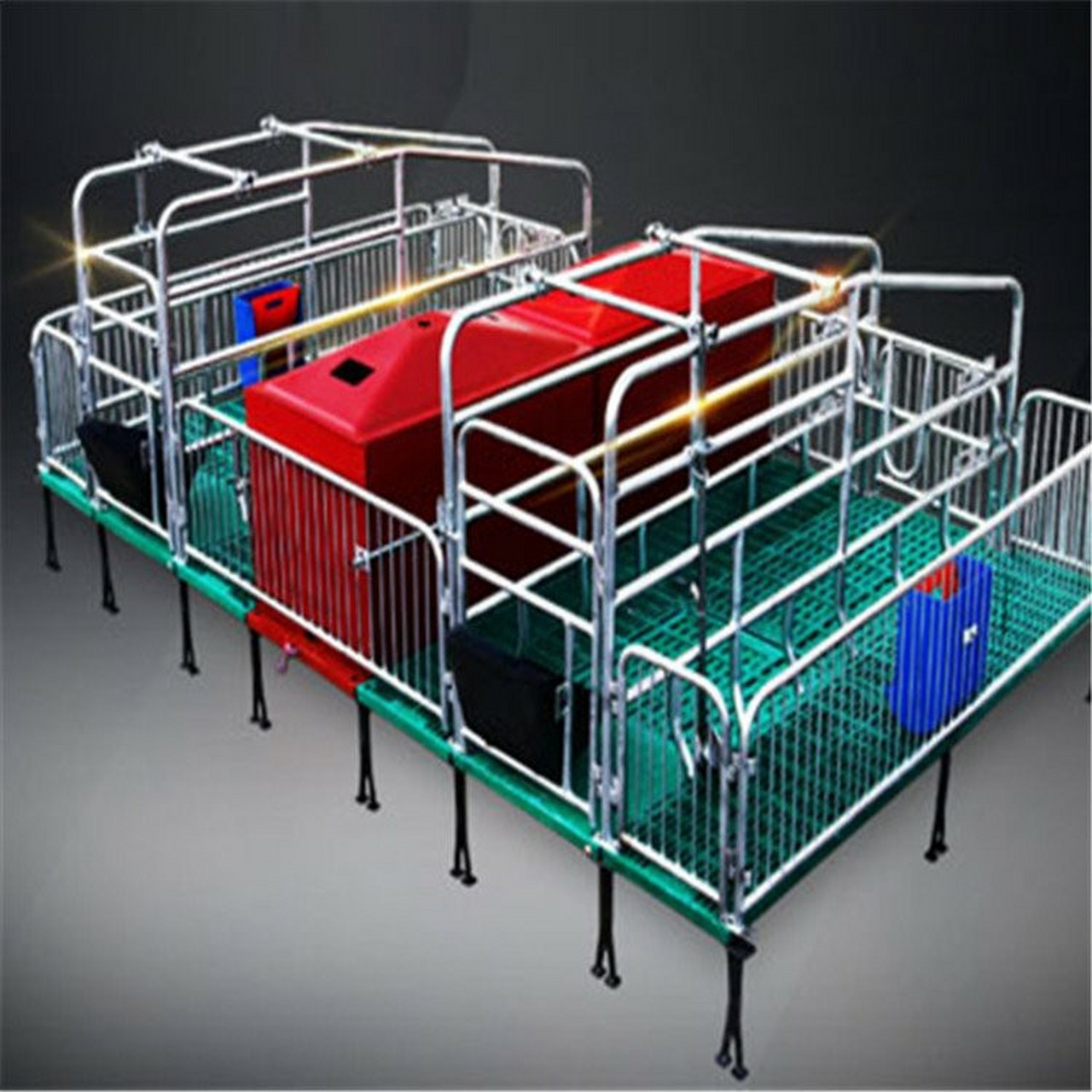 1)单体母猪产床:有一个母猪位,配置有复合漏粪板,母猪料槽,保温系等