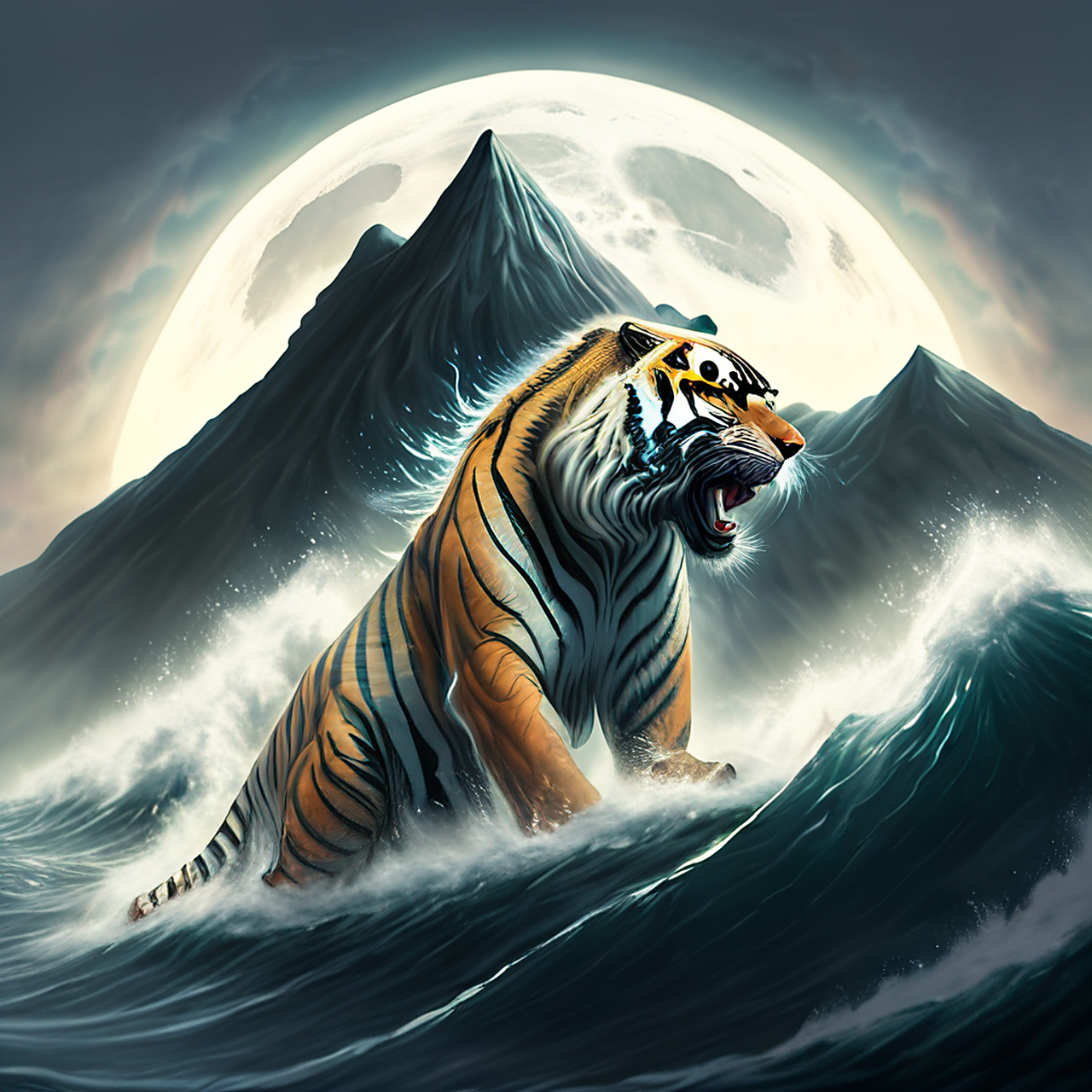 虎啸月生海,猿啼风撼山.画风,淡雅,缥缈#百度ai绘图黑科技