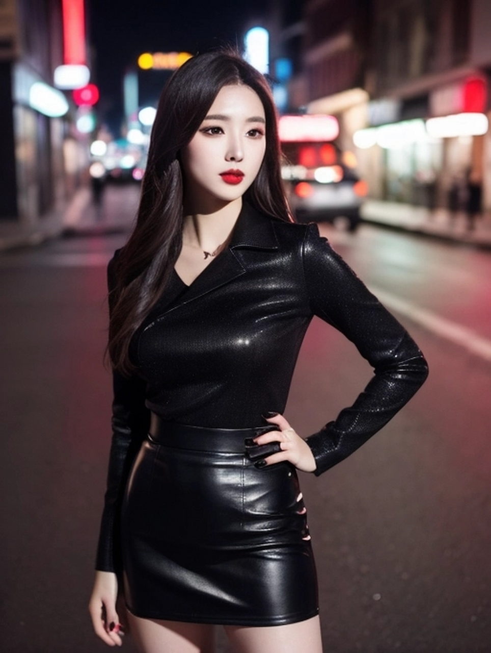 ai美女# 黑色皮裙烟熏妆直发美女街拍