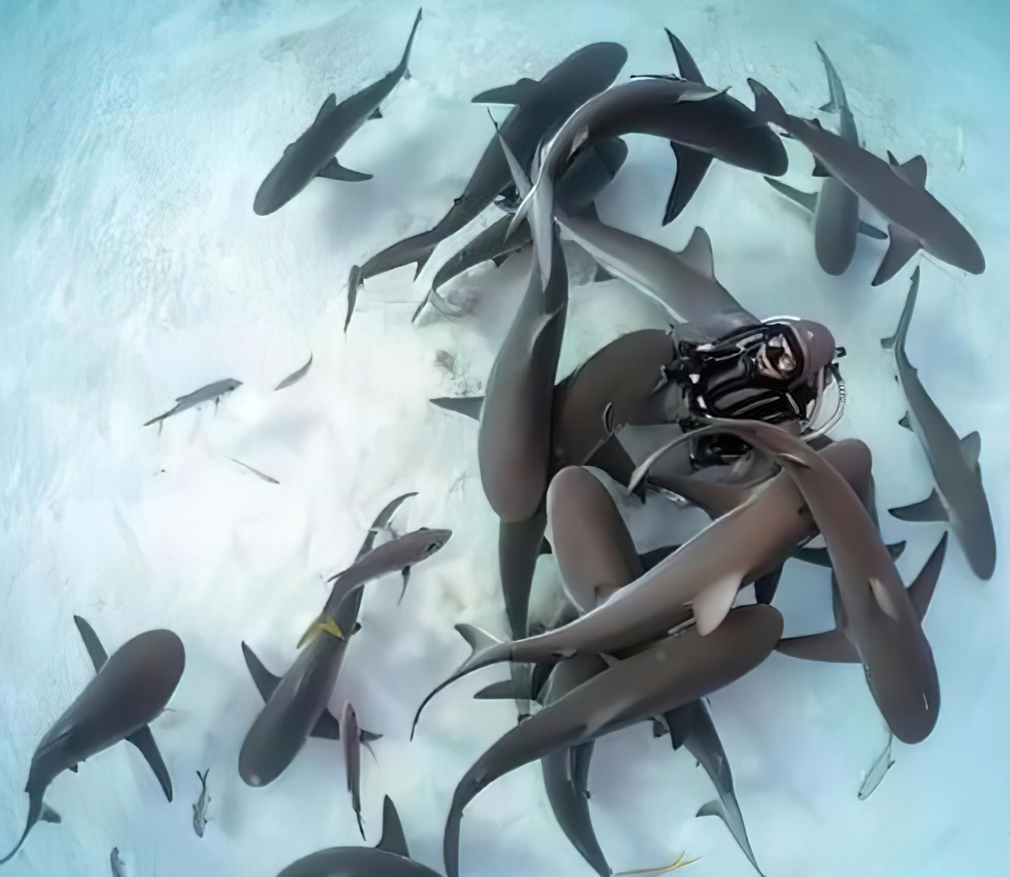 1996年,一名女潜水员在海洋中意外遇到一群鲨鱼,发现它们身上都挂着