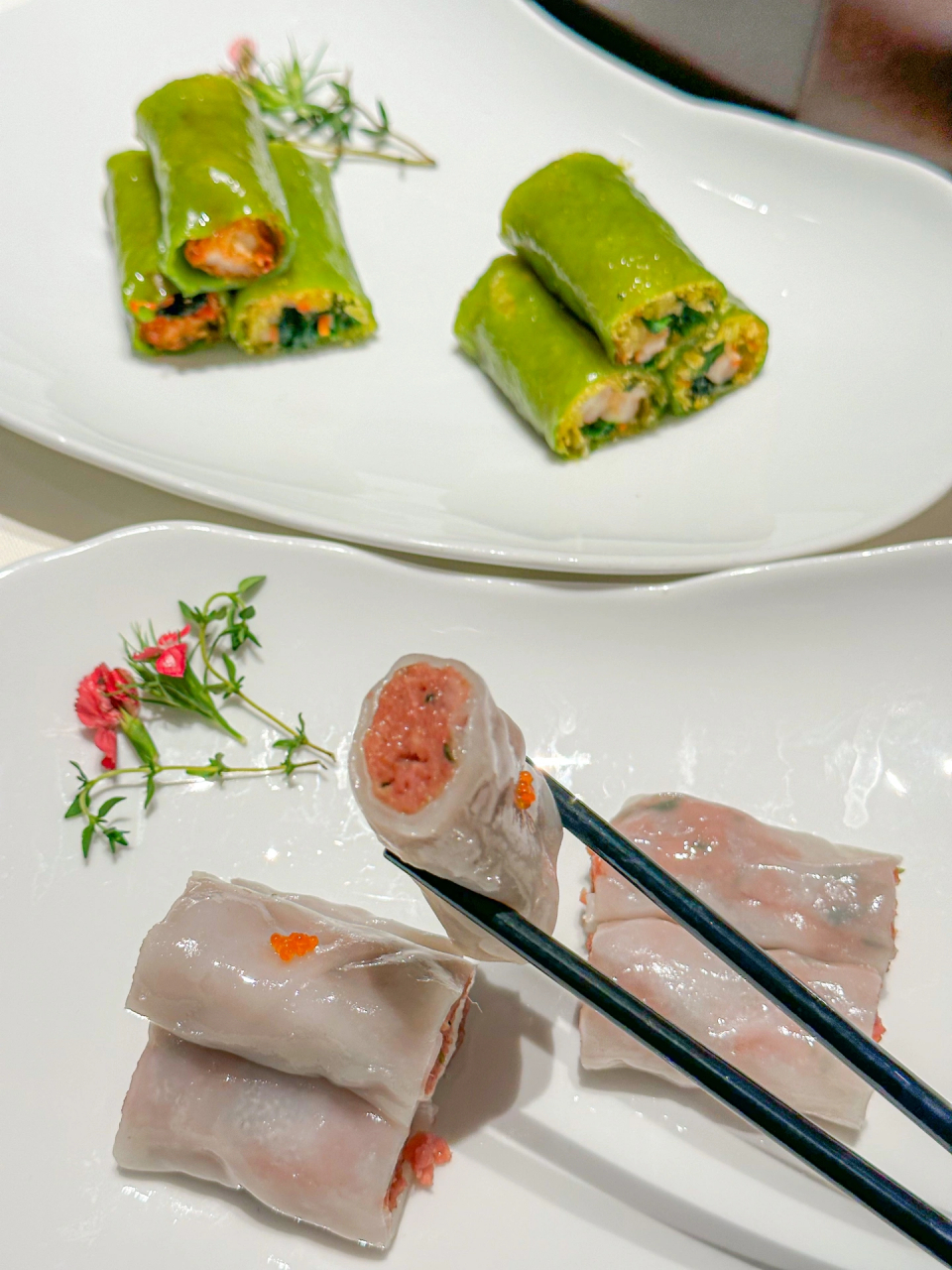 有各种颜色味道的肠粉,鱼子酱牛肉肠粉,碧绿菠菜鲜虾肠,经典红米肠