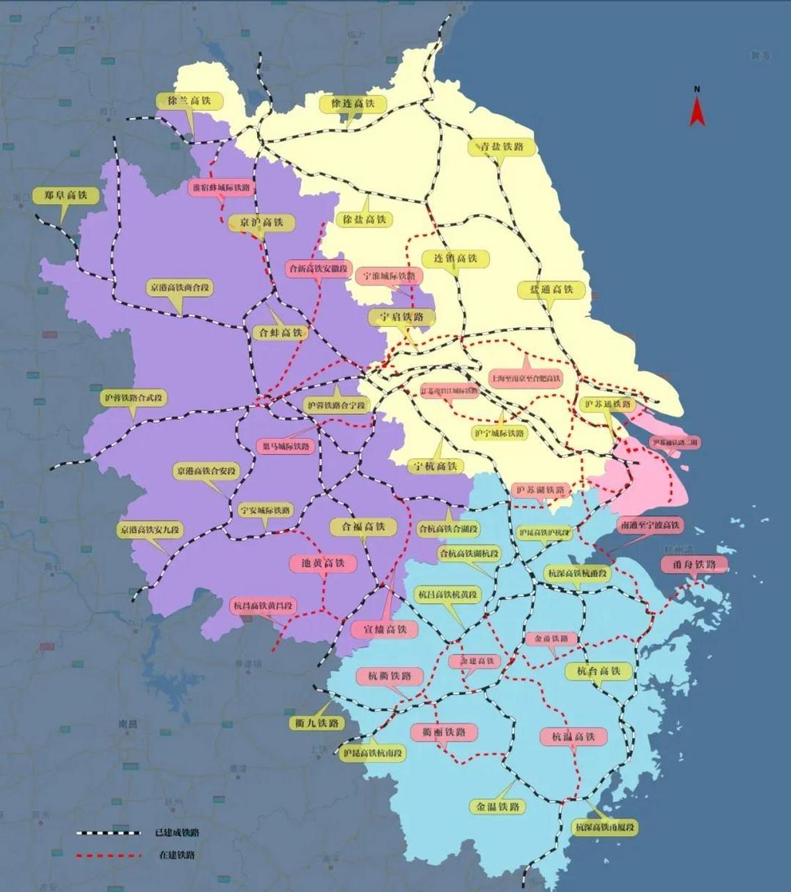 从现运行和正在建设的长三角高铁地图上来看,江苏北部和浙江南部的