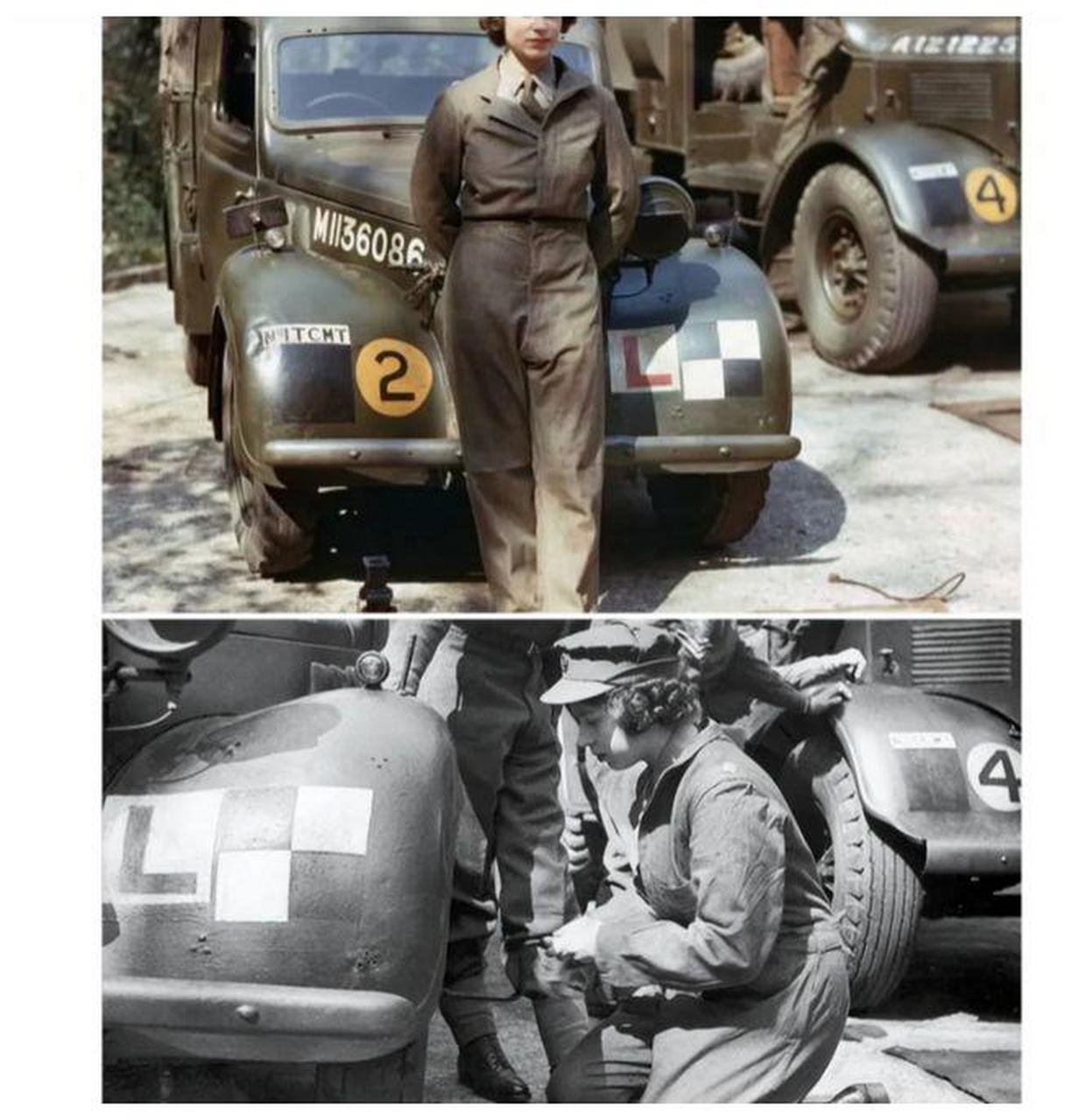 在1945年的欧洲二战时期,伊丽莎白二世身穿军服参军.