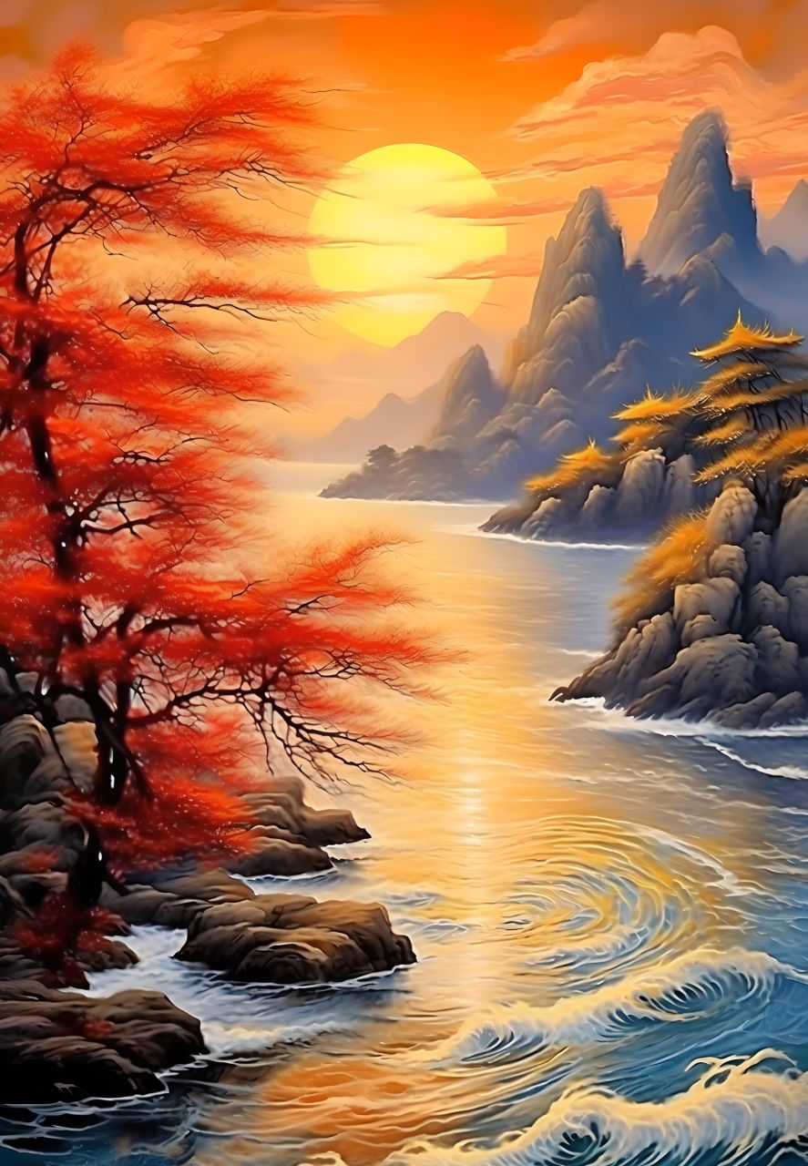 夕阳西下照江波,水面倒映晚霞多,#古风##中国画