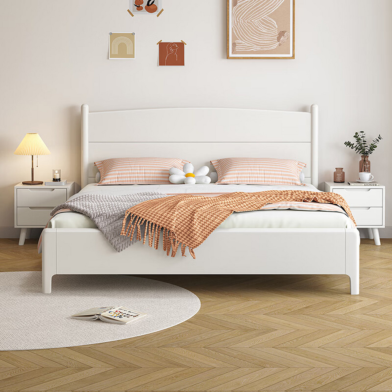 怡福家居 床 北欧现代简约白色实木双人床 高箱储物1.