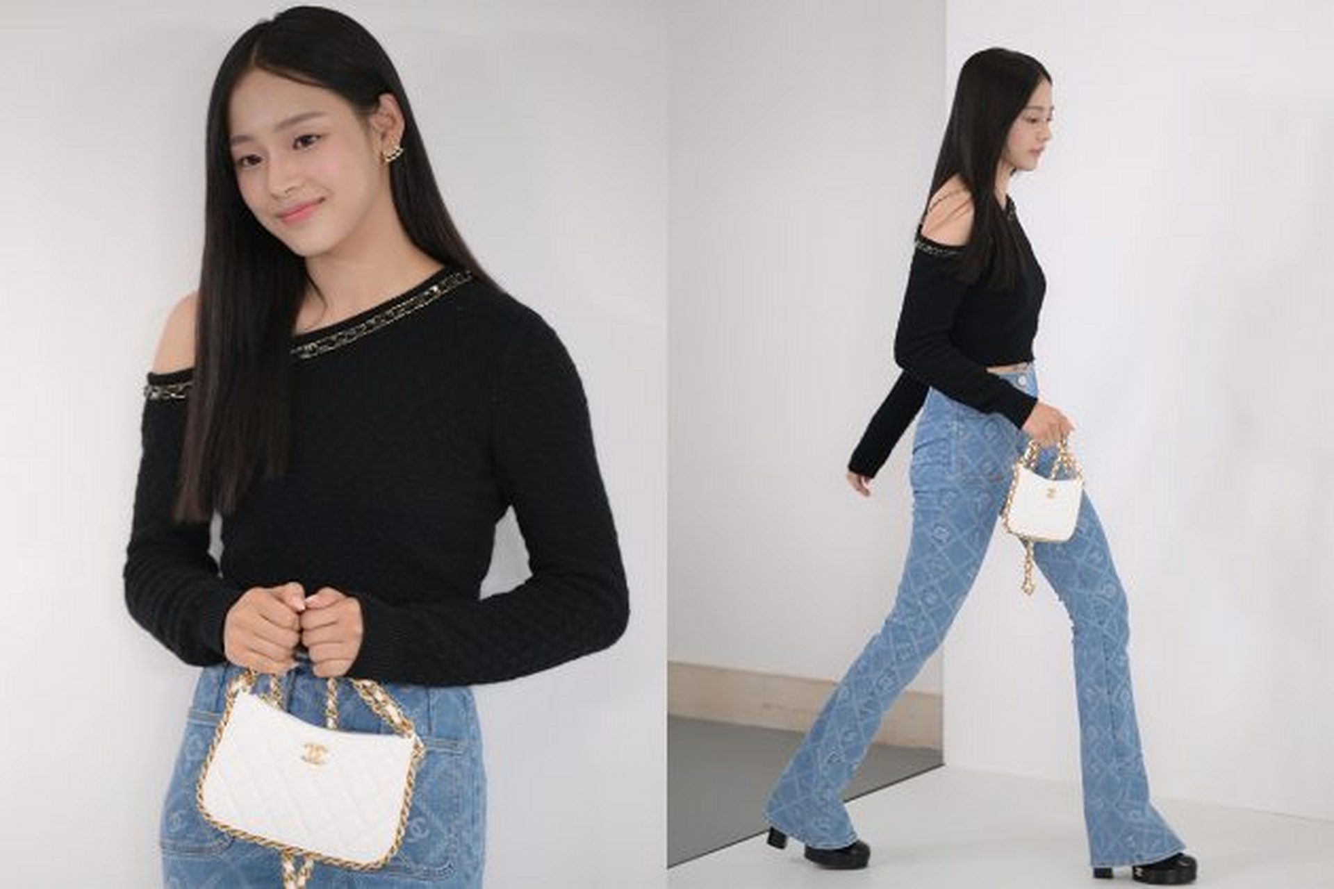 近日,newjeans成员minji出席活动身穿chanel的喇叭牛仔裤,搭配一件小