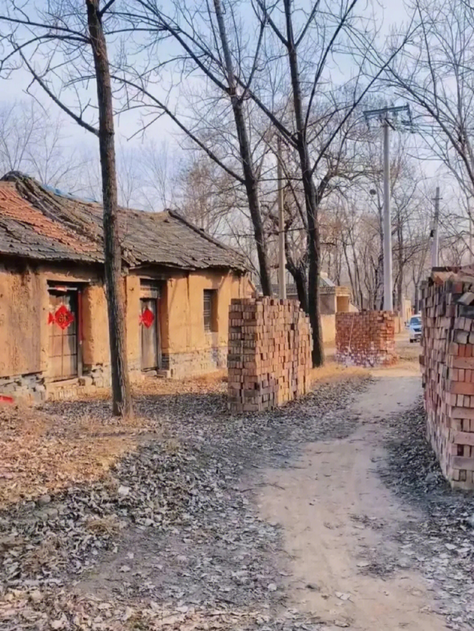 河南农村的老房子很有怀旧的味道,就是冬天树太光了没有绿色