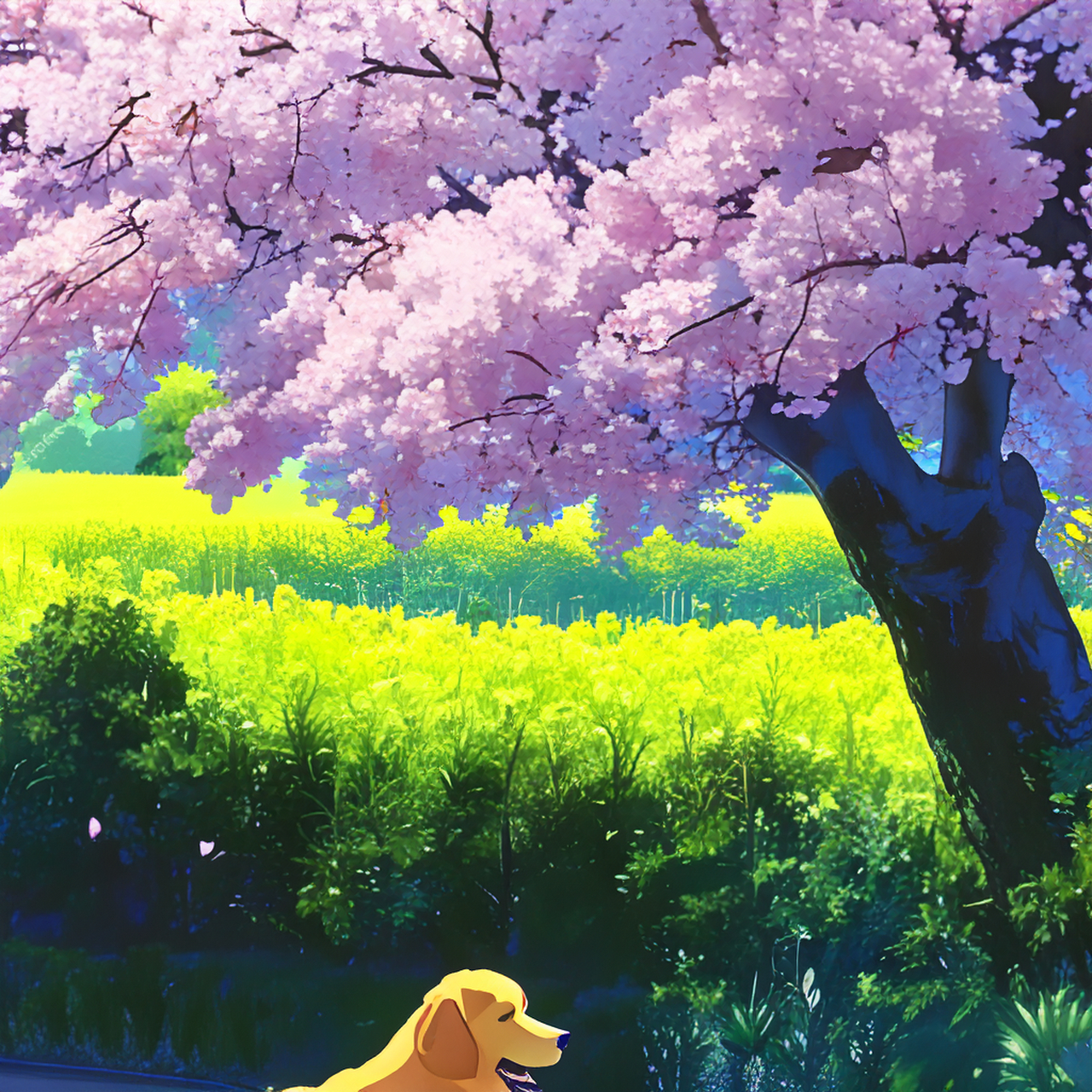 樱花树下,可爱小狗[太阳] #动漫壁纸美图