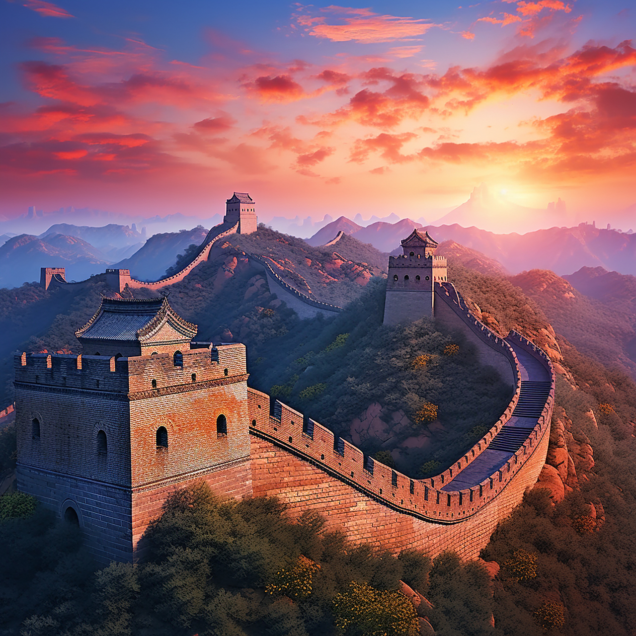 ai作图分享 prompt:橙色和蓝色日落背景的中国万里长城的逼真特写镜头