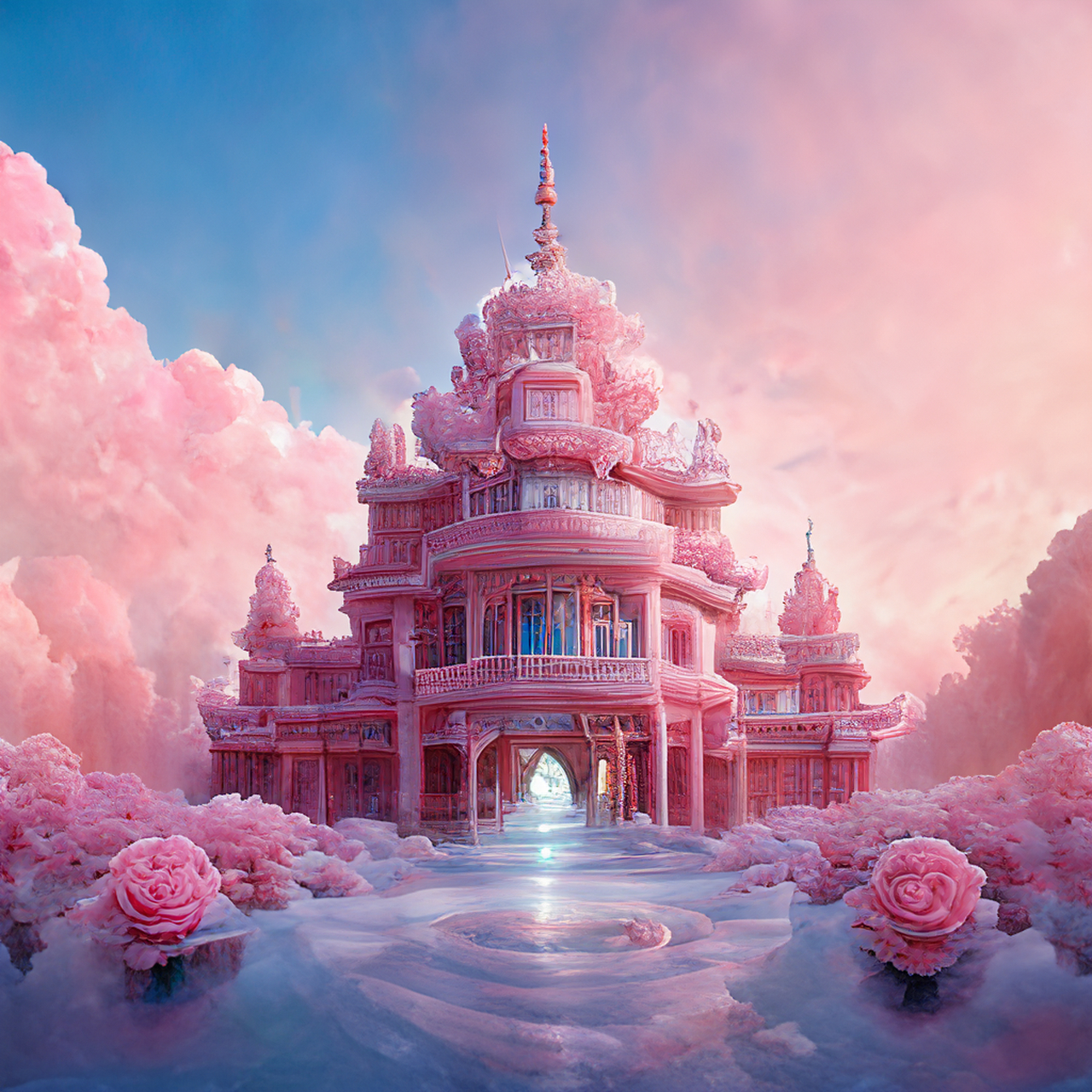 百度ai绘图黑科技#梦幻般的粉色宫殿,周围环绕着许多粉色玫瑰,精致