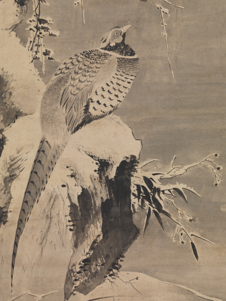 吕纪《寒雪山鸡图》 吕氏为明代宫廷画家,其画风向以工笔者为多,然本