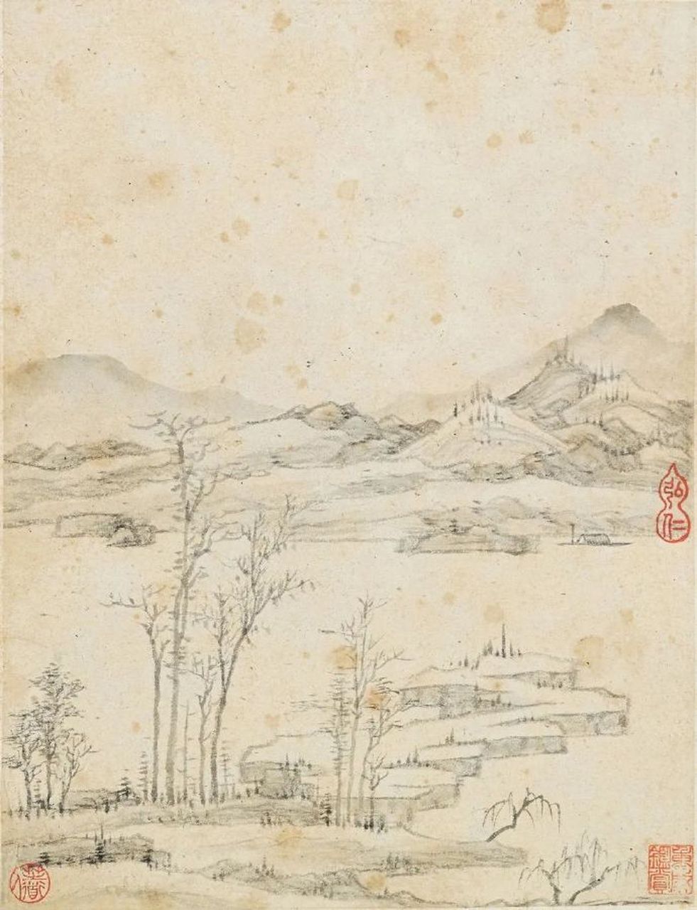 弘仁早年从学孙无修,中年师从萧云从,从宋元各家入手,后来师法"元代四