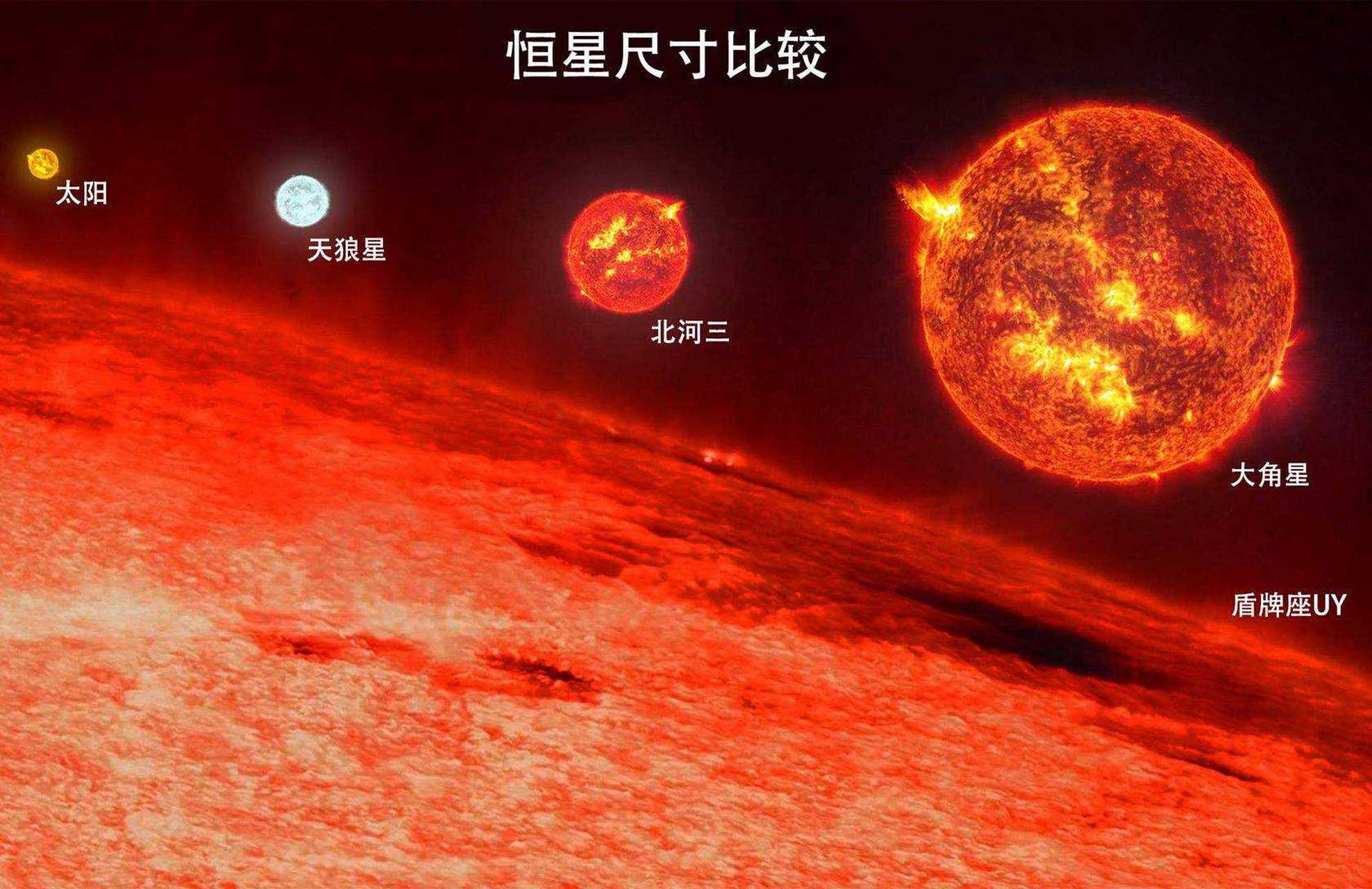 恒星大小比较图(太阳,天狼星,北河三,大角星和盾牌座uy)
