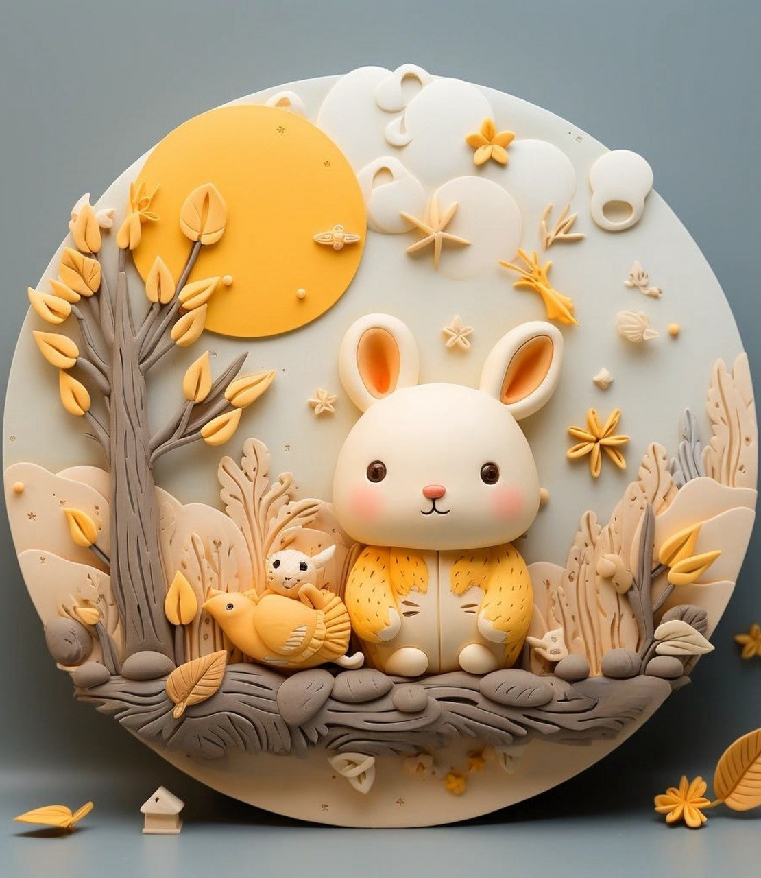 中秋节快乐兔子创意手工粘土画  小兔子祝大家中秋节快乐,万事如意