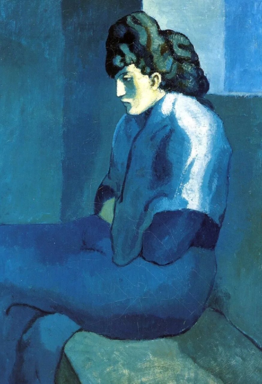 毕加索 蓝色时期油画作品欣赏  在蓝色时期,作品以蓝色为主导,背景被