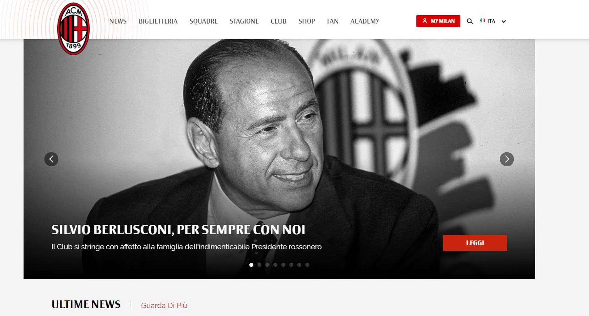 ac米兰俱乐部官方页面在贝卢斯科尼逝世之后,以大量的篇幅介绍前老板.