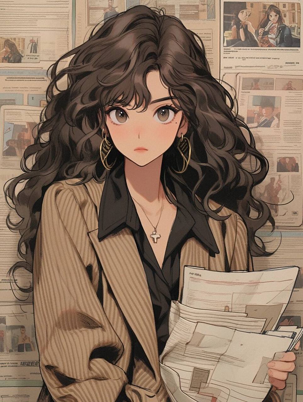 时尚又轮回了  卡通插画,近景,一位棕色头发的女孩穿着复古风格的西装