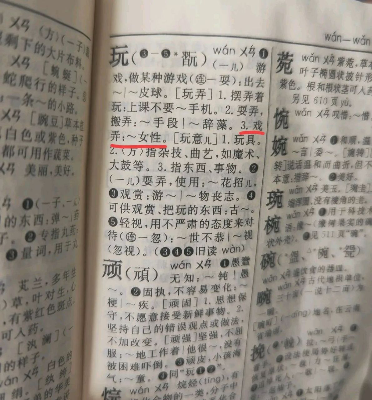 新华字典第11版,里面"玩"的组词果然是"玩女性",简直是令人发指,必须