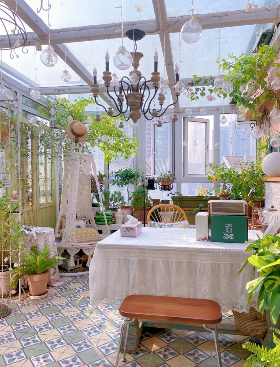 没有花开的阳光花房也很美呀[期待][期待][期待]  看到阳光洒进花房里