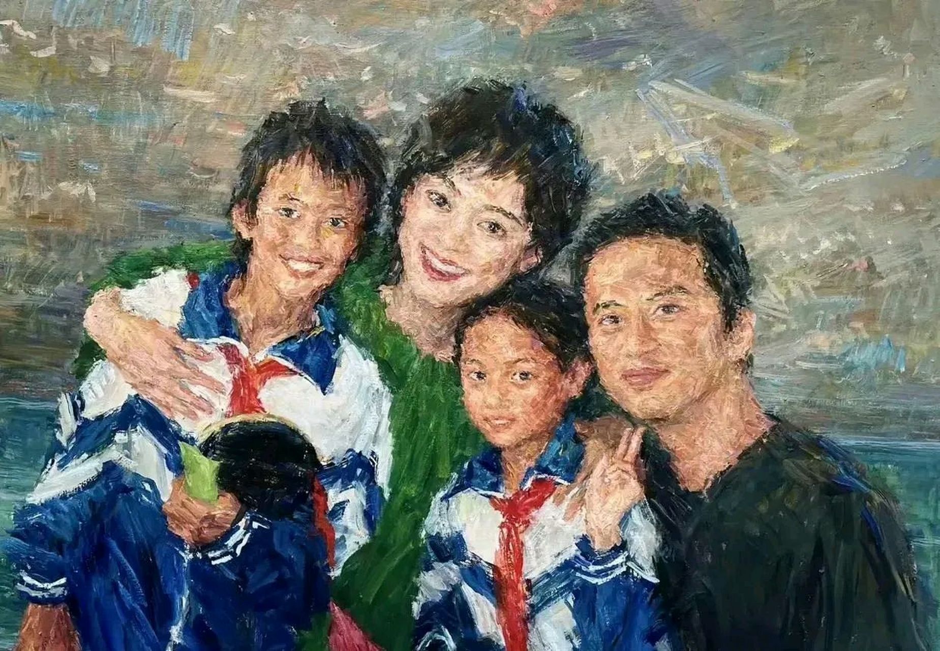 这是油画吗?画的一家四口惟妙惟肖!