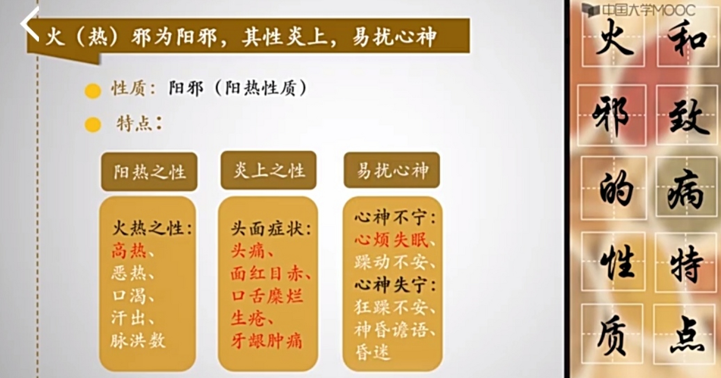 六淫"火邪"的性质和致病特点1一一火为阳邪,其性炎上,易扰心神