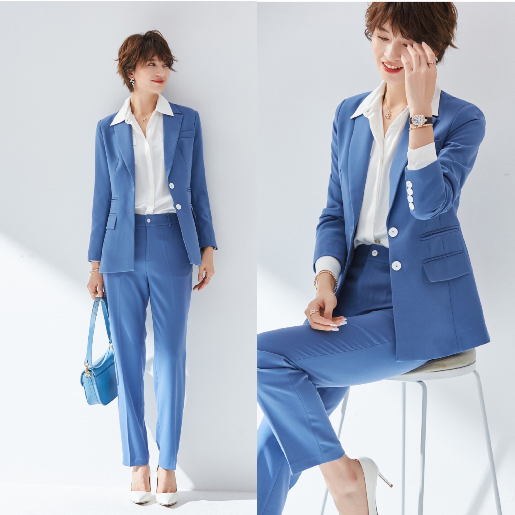 秋冬来点鲜艳的,一见倾心的蓝色西服合集,颜色清新,气质高雅