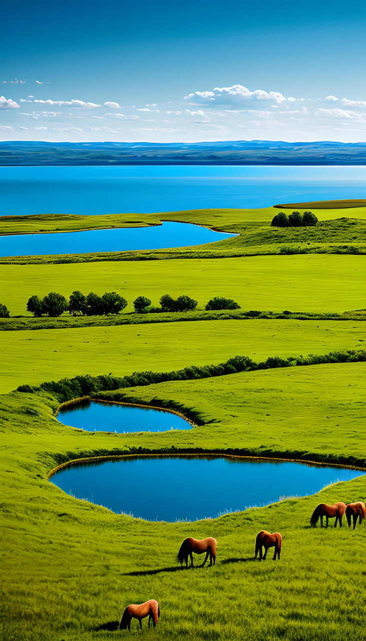 百度ai绘图黑科技# 蓝天,草原,奔跑的骏马,湖水清澈.