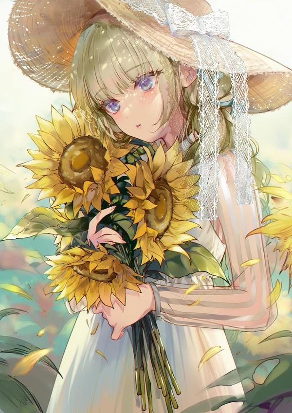 画师推荐:きのこ姫,向日葵与洋裙少女