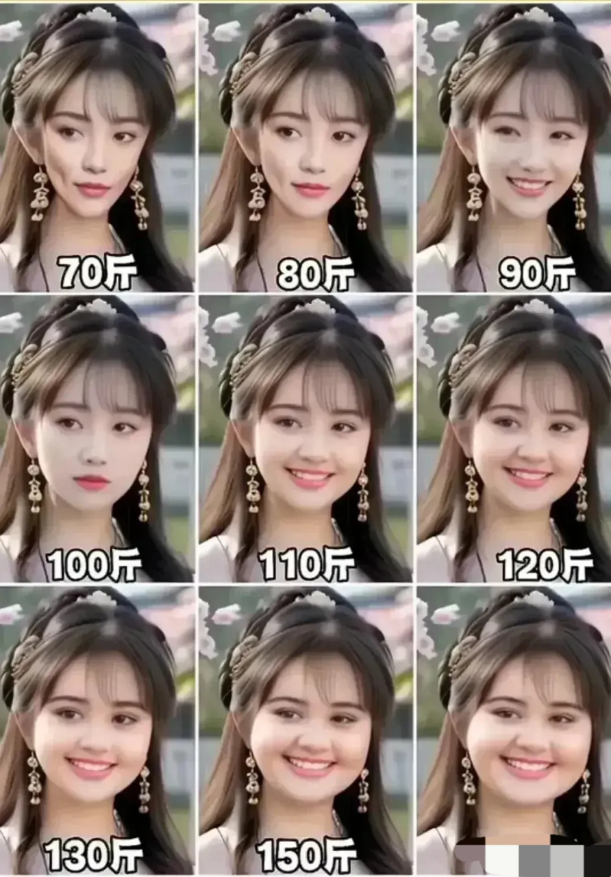女孩不同体重的颜值:  70斤,过瘦 80斤,很瘦 90斤,骨感 130斤,丰满