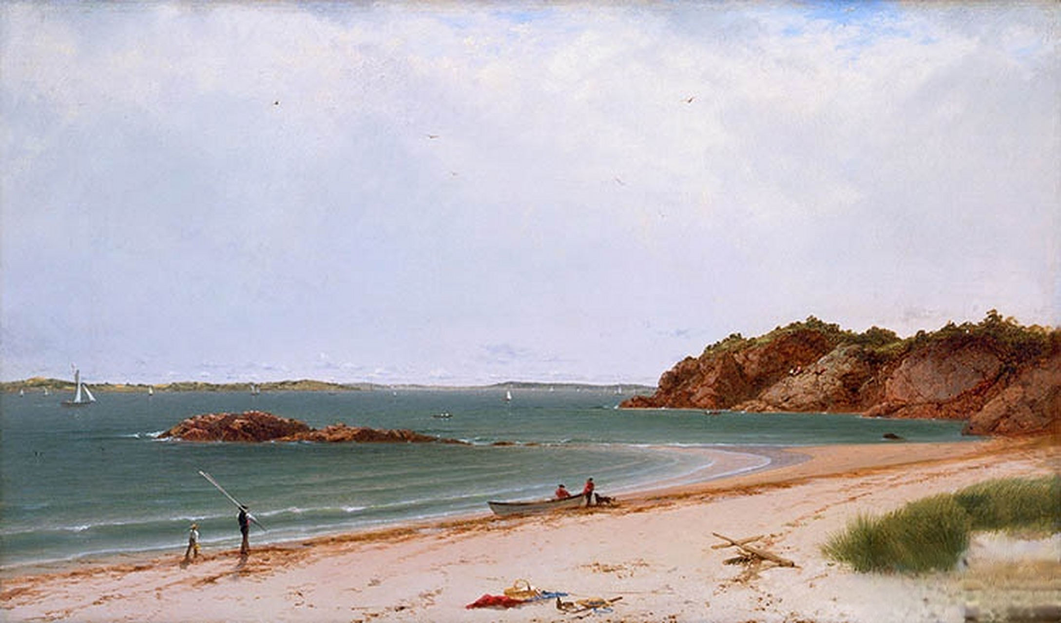 这幅油画作品展示了一幅美丽的海滩景色,画面中可以看到沙滩上的人们