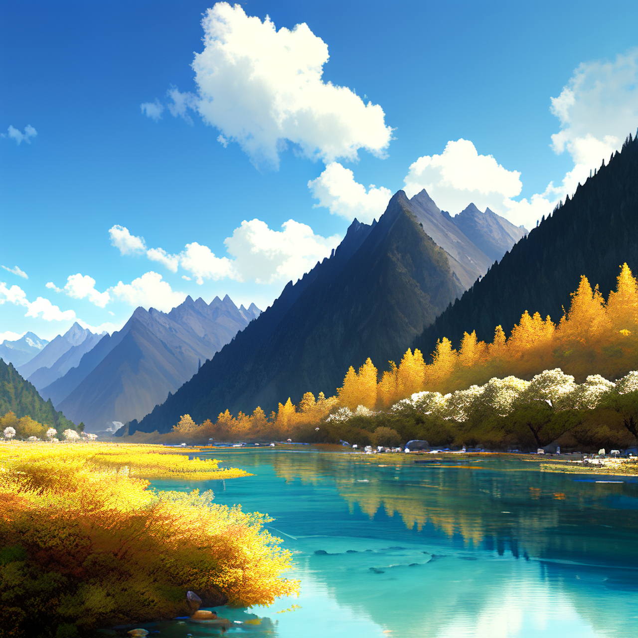 ai绘画九寨沟晴天时的美景～  九寨沟的水也实在太好看了, 因九个藏族