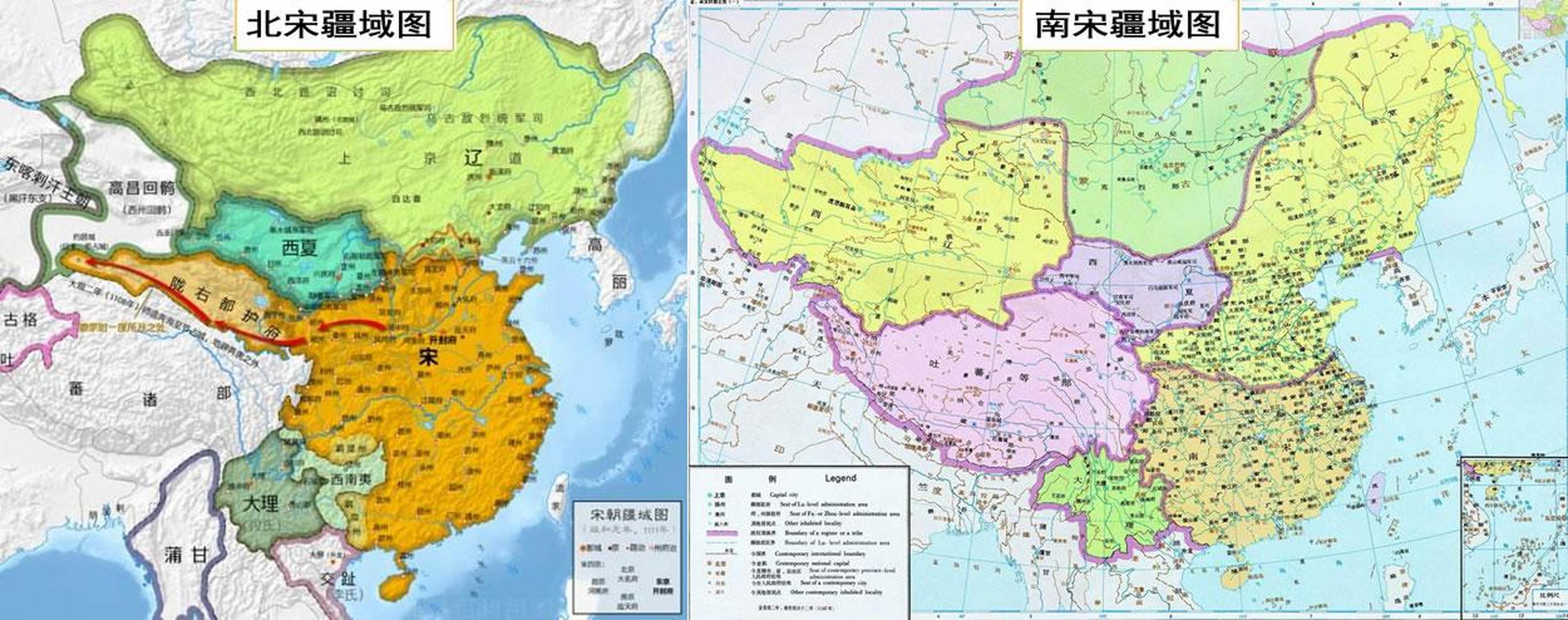 北宋和南宋的地图,看得出来南宋丢失的领土非常多,基本退出了北方.