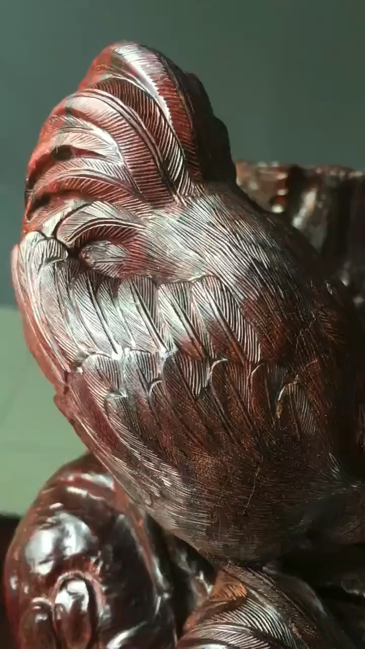 印度小叶紫檀树头料松鹤延年丝翎檀雕清刀手法家居摆件