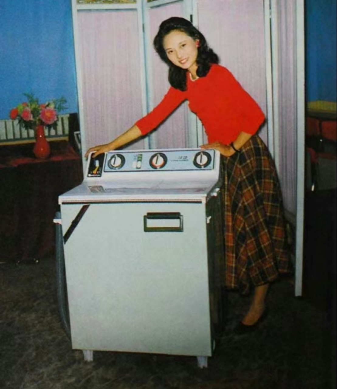 二十世纪八十年代,一位烫着卷发,身穿红色上衣,花色裙子的美女,买来一