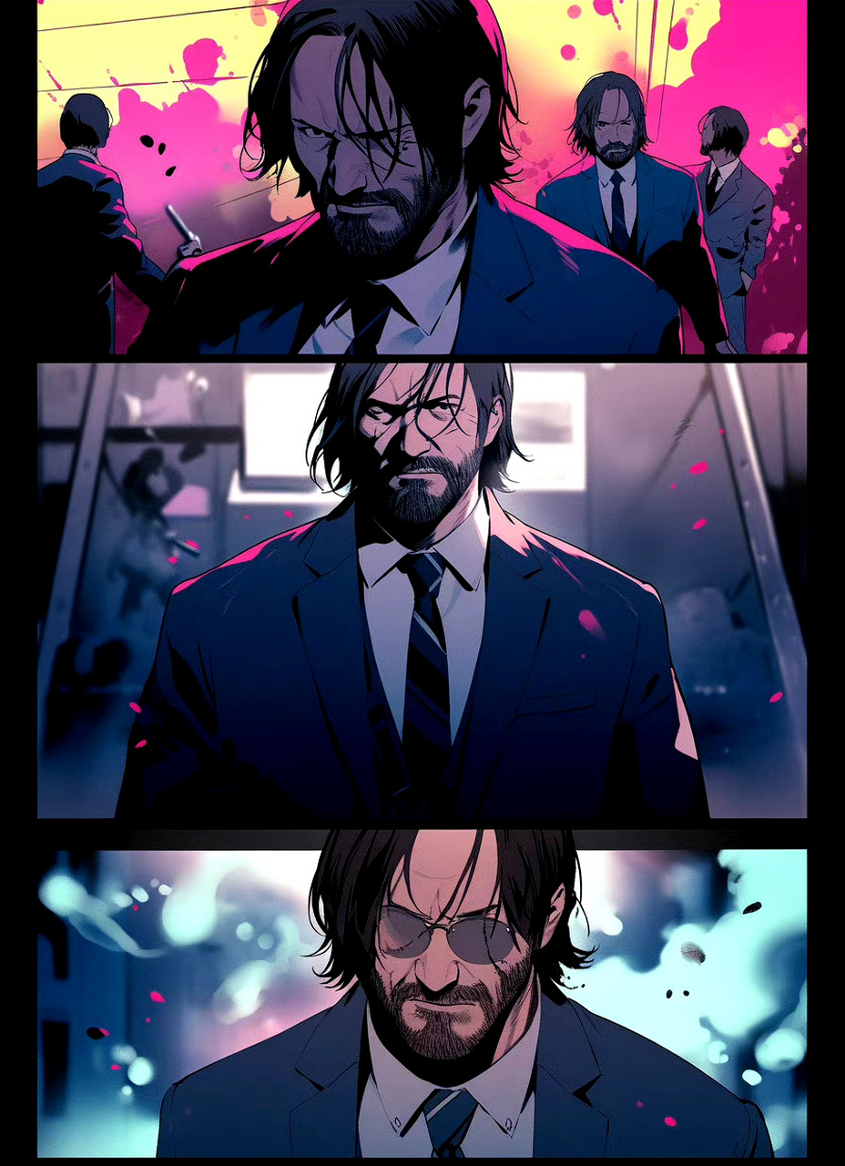 一组ai创作的《疾速追杀》的漫画,人物和故事都不错.