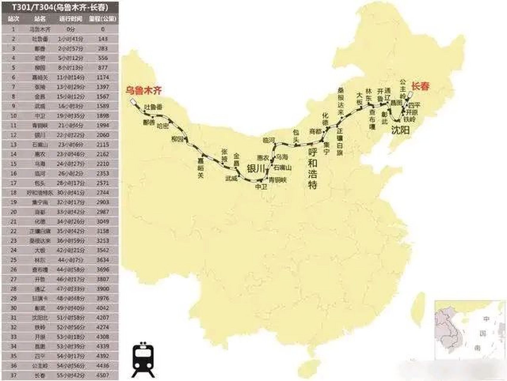 t301/t304(乌鲁木齐-长春) 这条在北国运行的铁路线东西横跨3个时区