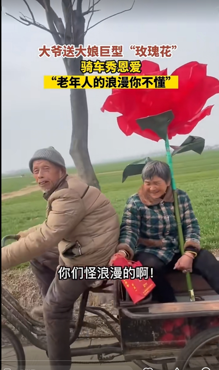 老人家的浪漫你不懂,大爷送大娘巨型"玫瑰花"秀恩爱