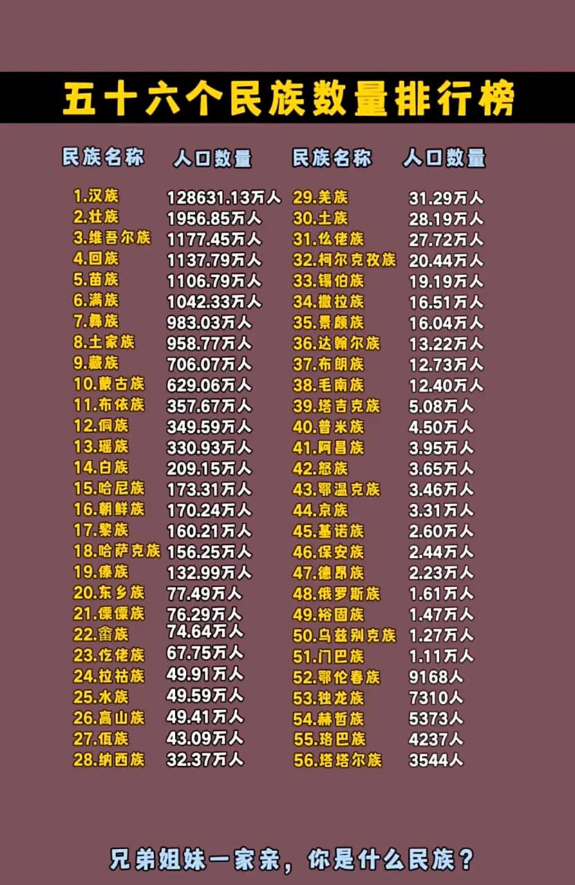 中国人口排名前十的少数民族 第一名:壮族. 壮族,约1956万人.