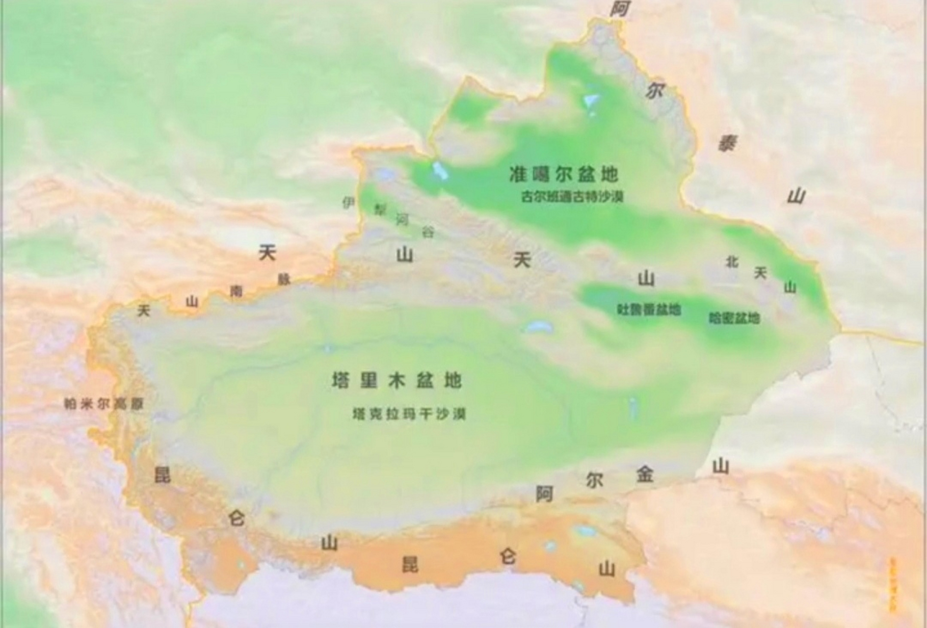 新疆地形图  "三山夹两盆"