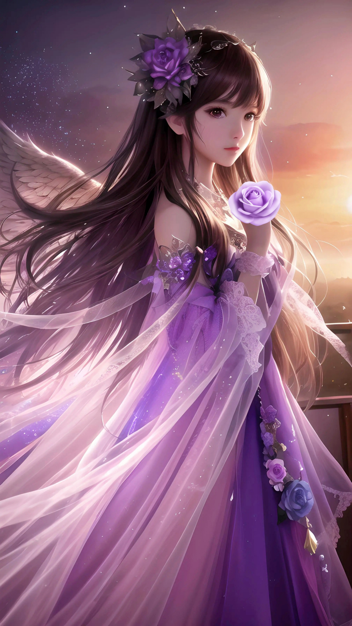 二次元少女紫色 长裙图片