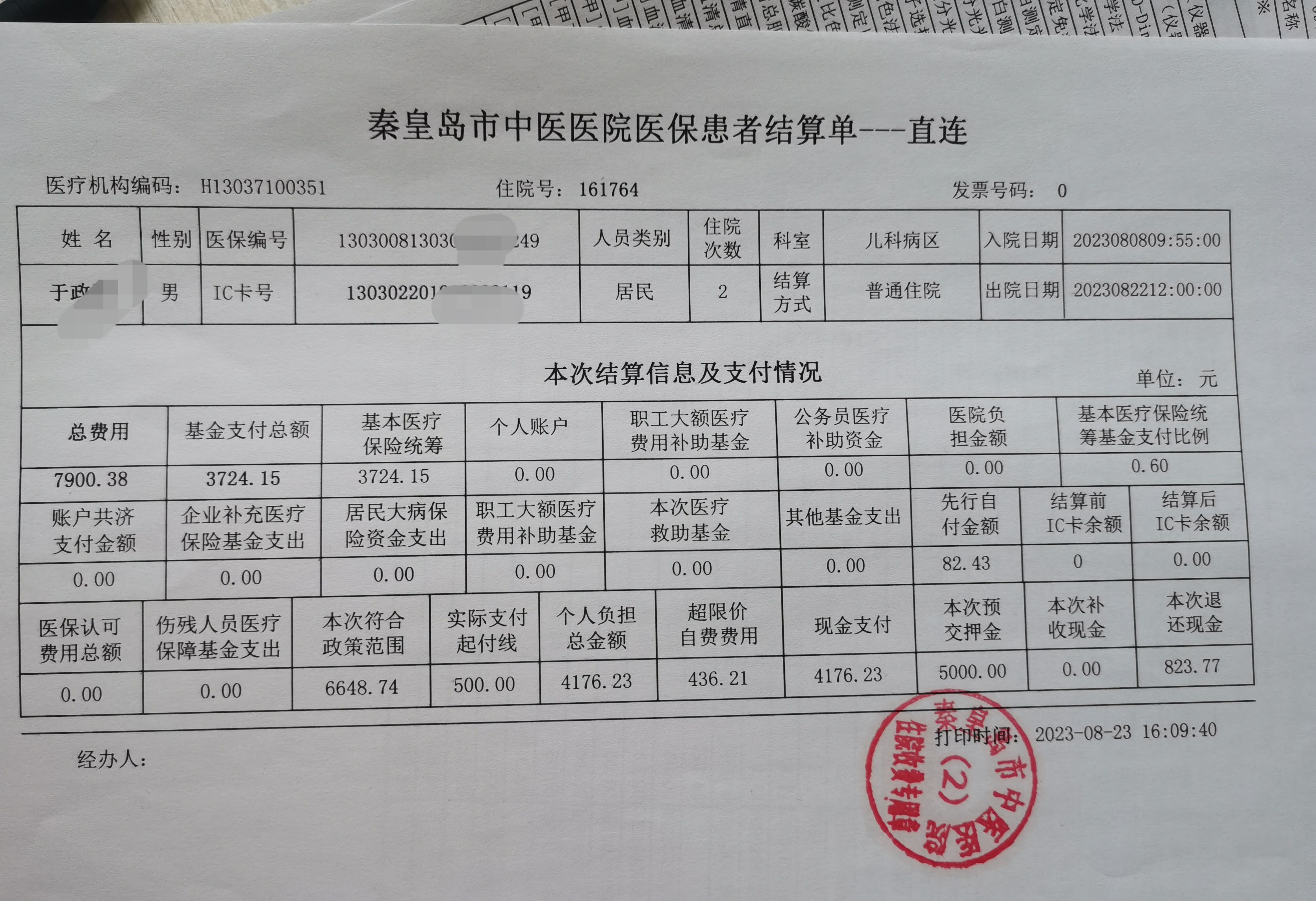 孩子的医保结算单 1,住院半个月,总费用7900元,平均每天500多元,这是