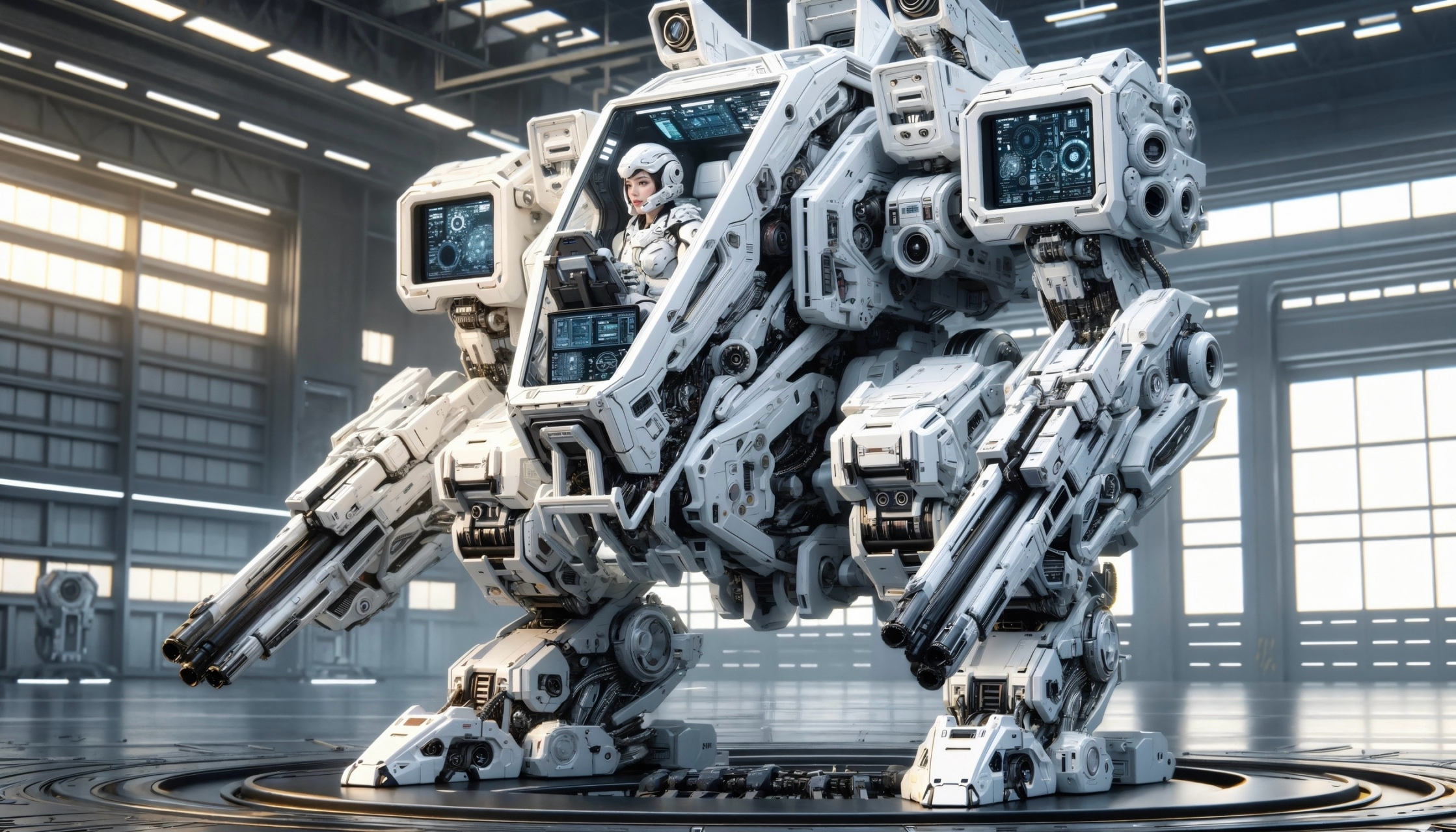 ai生成的一组机甲作品,展现了机甲测试和整备的场景.#动漫# #模型# #