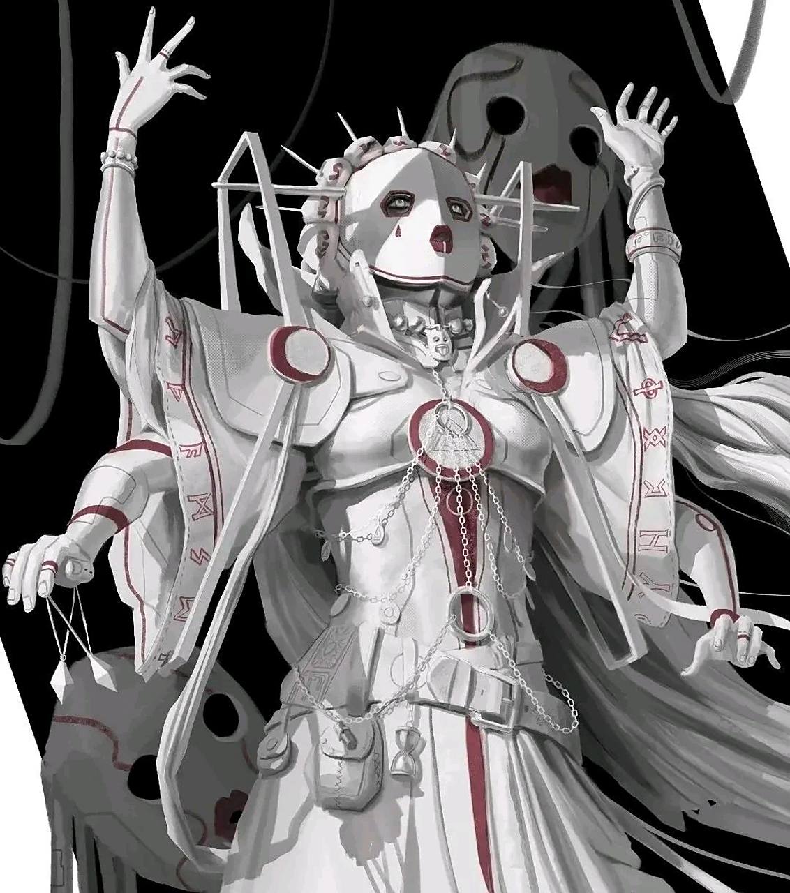 一组带有机械与人偶风格的幽灵公主插画作品,白色与红色形成巨大反差.