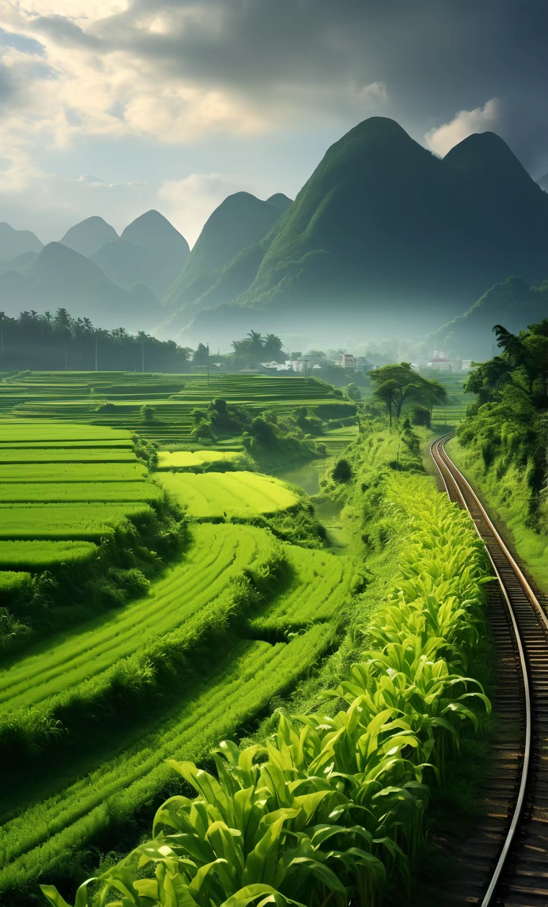 火车道穿过的田野就像一幅壮丽的画卷,是大自然的杰作
