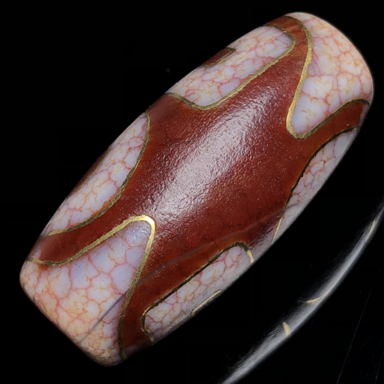 藏区回流老料高油包浆镶嵌金丝血丝【天地天珠】 尺寸约:41*19毫米