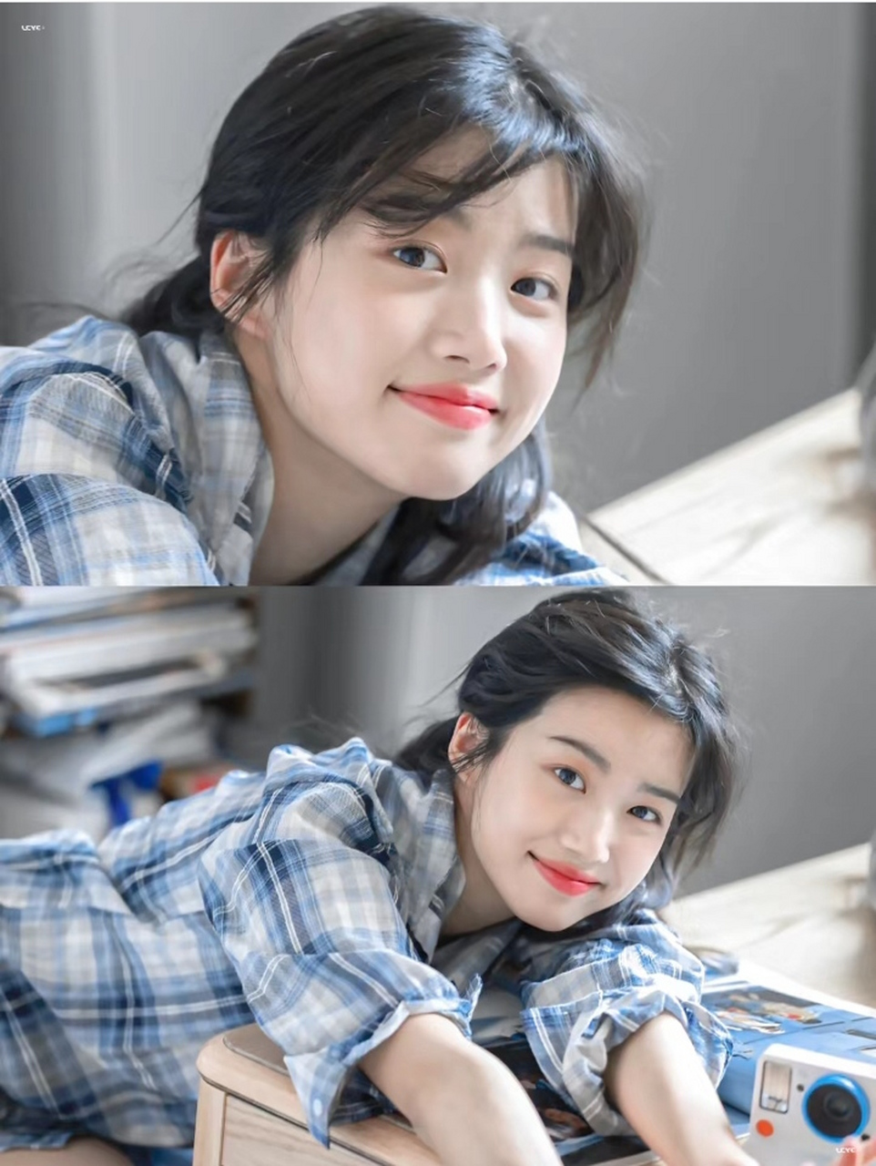 干净温柔的淡颜女孩卢昱晓,格子衬衫很文艺很清纯.