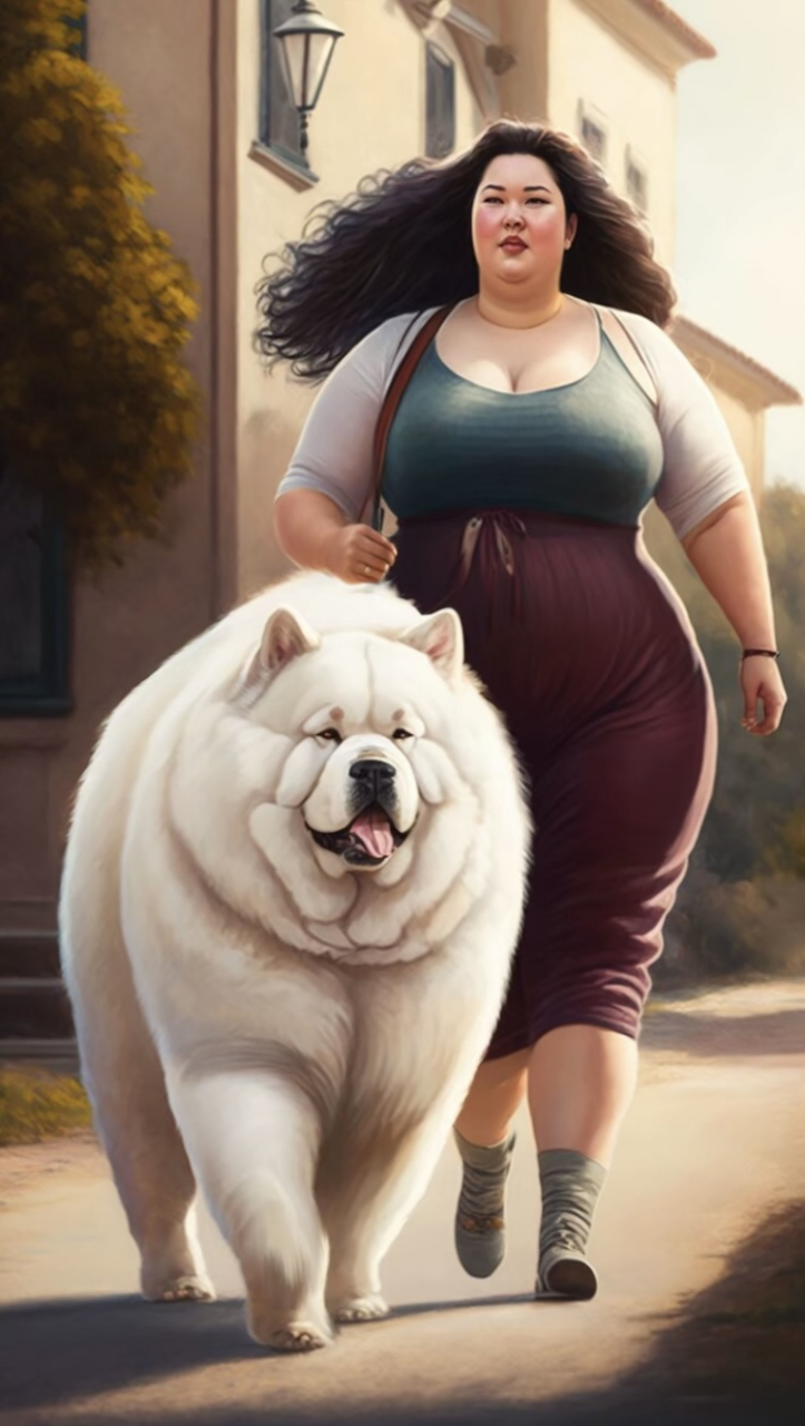 胖女孩遛狗系列,胖胖的女孩可爱的狗狗