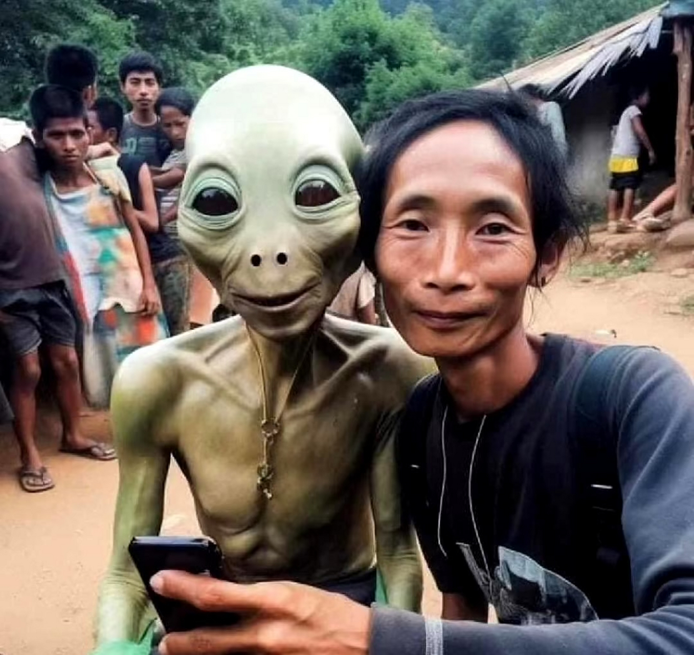 外星人和人类的合影纪念,外星人很穷吗?为什么它们饿那么瘦