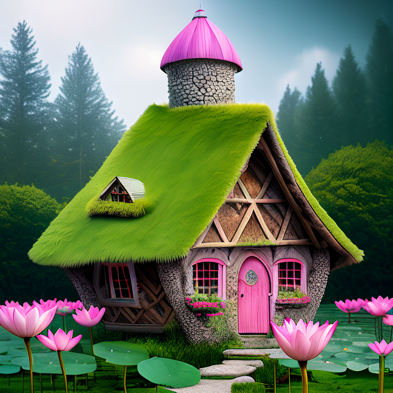 ai艺术季# #荷花# #童话# 荷塘里有座童话小屋,每当荷花盛开的时候