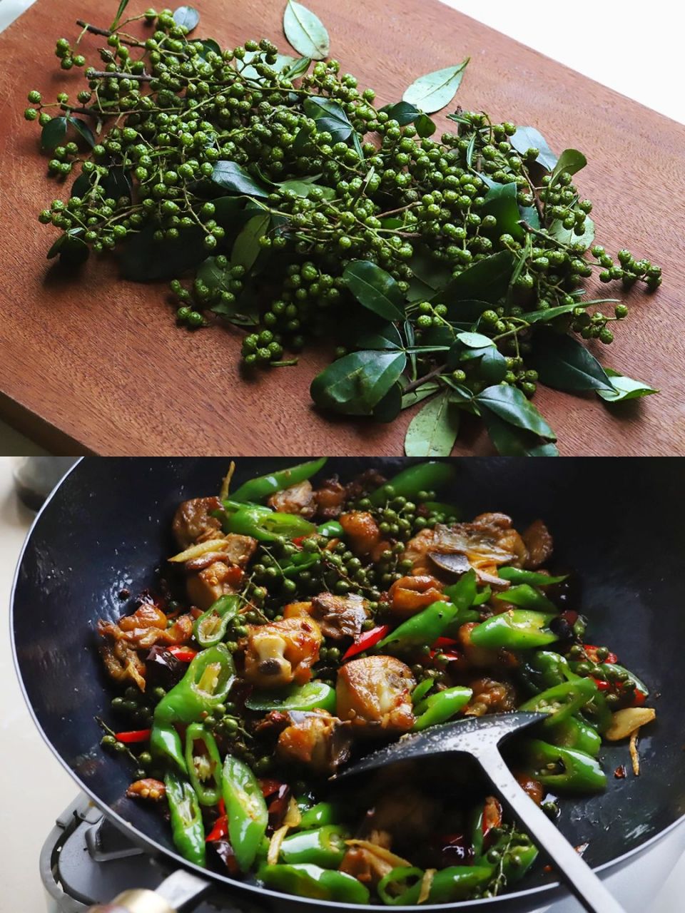 一把 新鲜土香鸡半只 二荆条,小米辣少许 干辣椒,葱姜蒜少许 	 做法